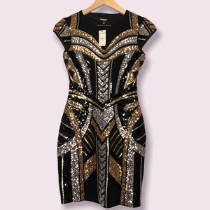 Express Black Gold Silver Sequin Bodycon Art Deco Geometric Aztec Mini Dress XXS